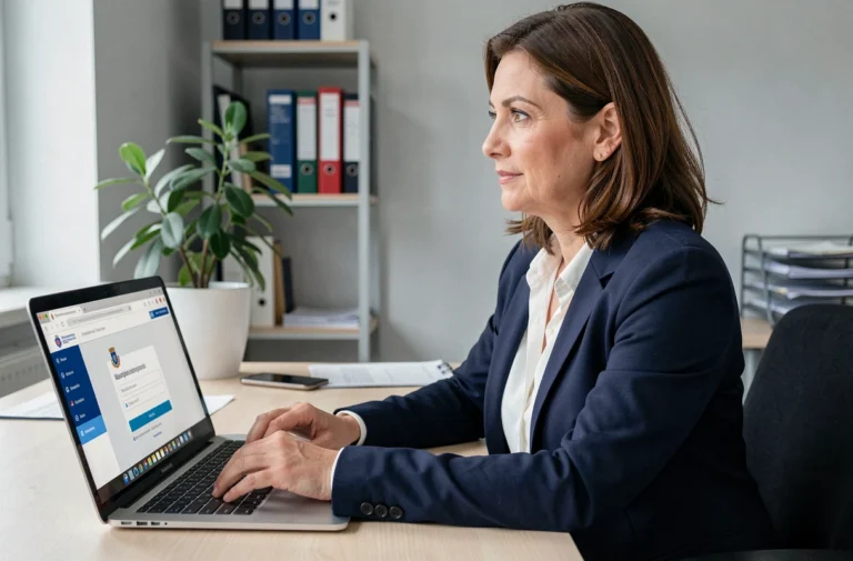 Personnelle administrative accédant au webmail académique de Grenoble sur son ordinateur portable au bureau
