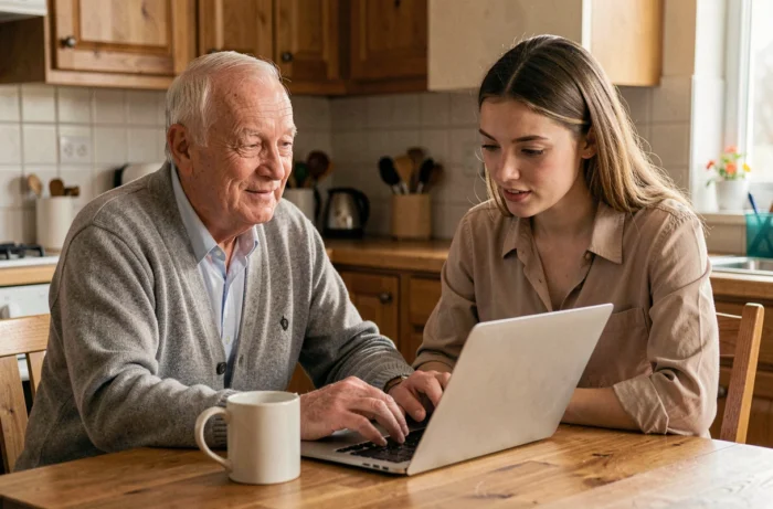 Spécialiste en aide informatique aidant une personne âgée à configurer son ordinateur portable à domicile dans une cuisine chaleureuse