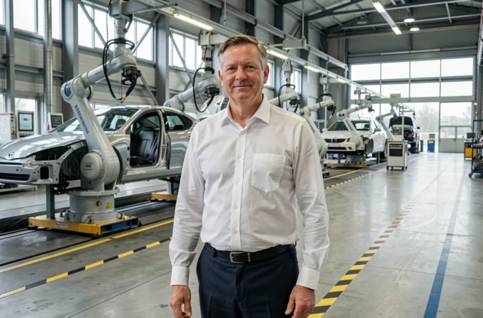 Un ingénieur allemand dans une usine automobile bavaroise moderne, symbole de l'industrie et de l'économie allemande