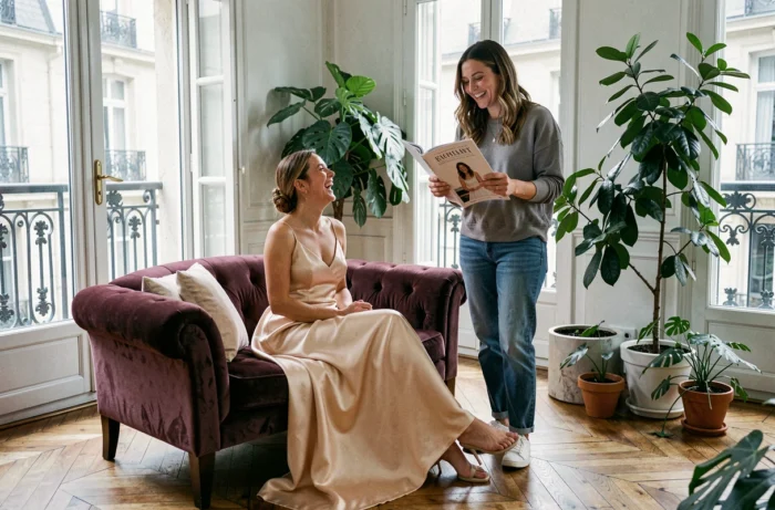 Deux amies riant ensemble lors d'une consultation robe de mariée dans un appartement parisien lumineux avec parquet en chevrons
