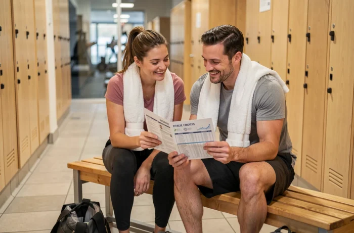 Deux amis consultant un programme d'essai sans engagement dans le couloir d'une salle de sport