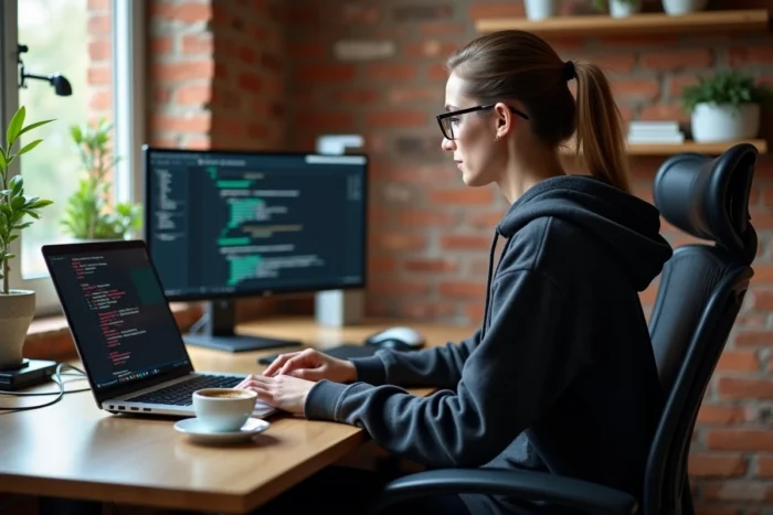 Analyste en sécurité réseau travaillant sur un audit depuis son bureau à domicile avec terminal et rapport structuré