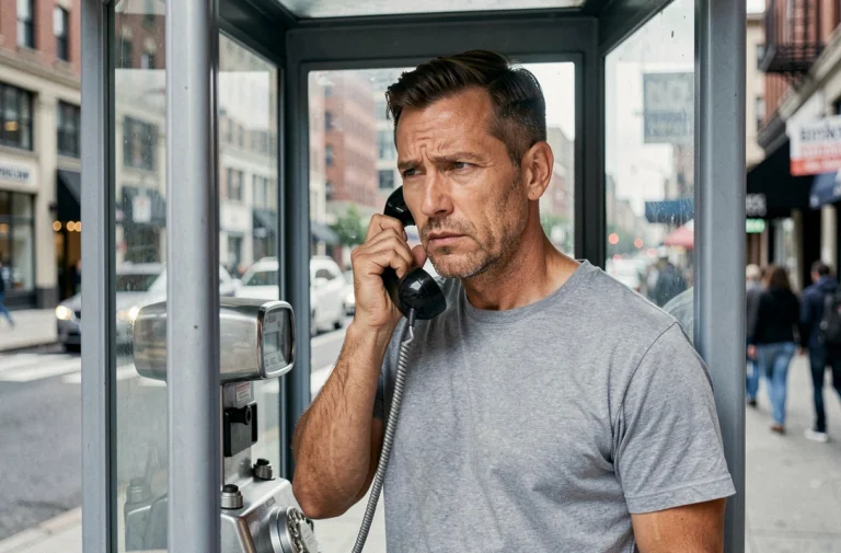 Homme utilisant une cabine téléphonique publique pour passer un appel en PCV dans un environnement urbain