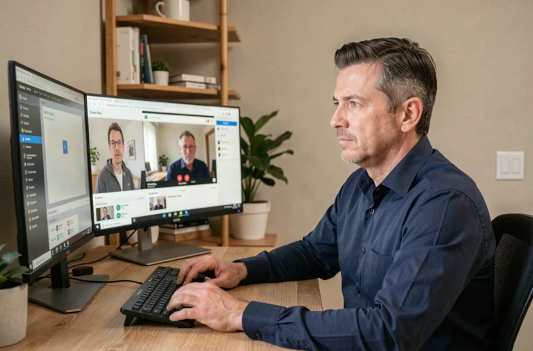 Technicien informatique offrant une assistance à distance depuis son bureau à domicile avec deux écrans et un logiciel de diagnostic