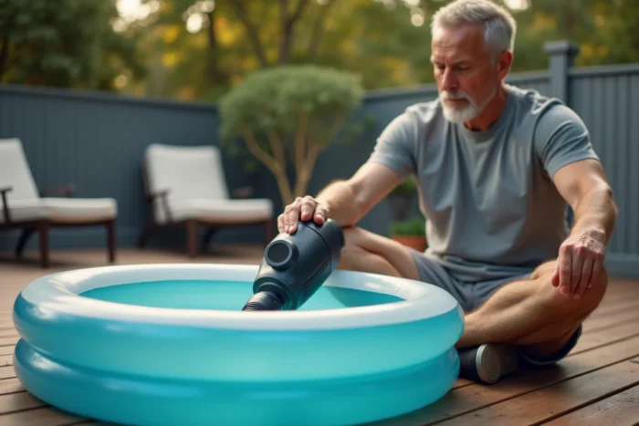 Homme connectant un sèche-cheveux à la valve d'une piscine gonflable sur une terrasse en bois