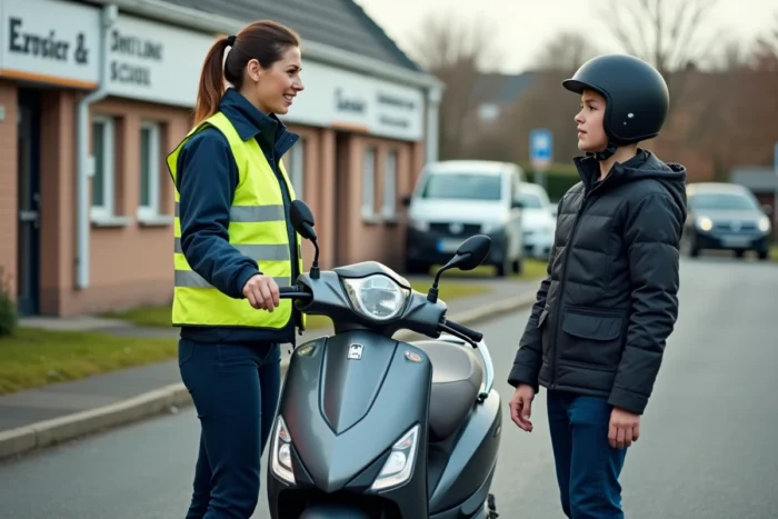 Instructrice d'auto-école expliquant l'utilisation des clignotants sur un 50cc à un élève