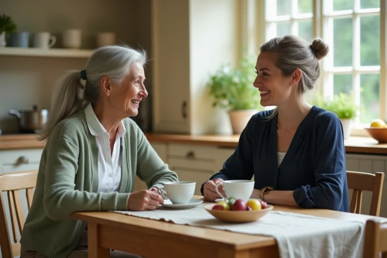 Une femme âgée et une aidante partagent un moment de bien-être autour d'une tasse de thé dans une cuisine familiale chaleureuse