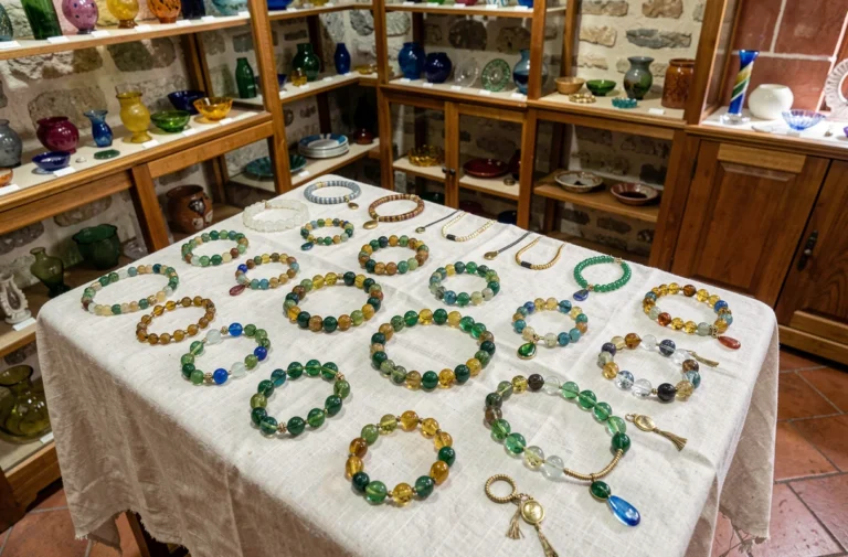 Collection de bijoux en verre de Murano exposés sur une table en lin blanc dans une boutique artisanale vénitienne