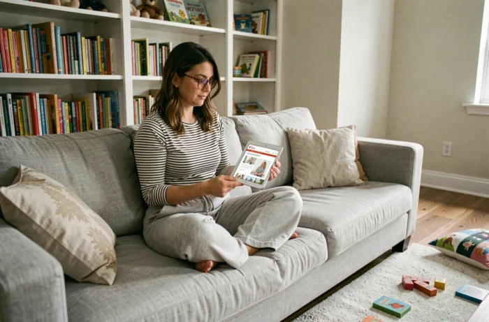 Femme lisant un blog de maternité sur une tablette dans un salon familial décoré de livres pour enfants