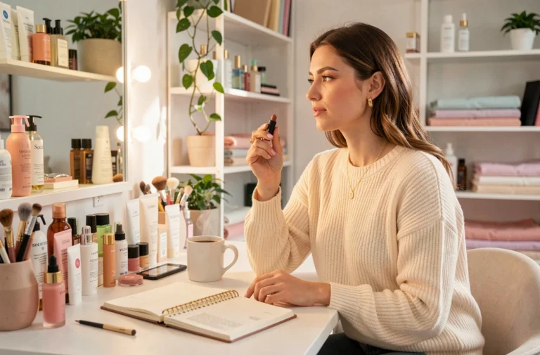 Jeune blogueuse mode et beauté assise à sa coiffeuse entourée de produits cosmétiques et de carnets dans un intérieur scandinave