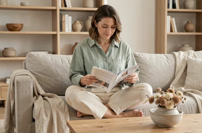 Blogueuse lifestyle décontractée lisant un magazine de mode sur un canapé en lin dans un salon minimaliste et épuré