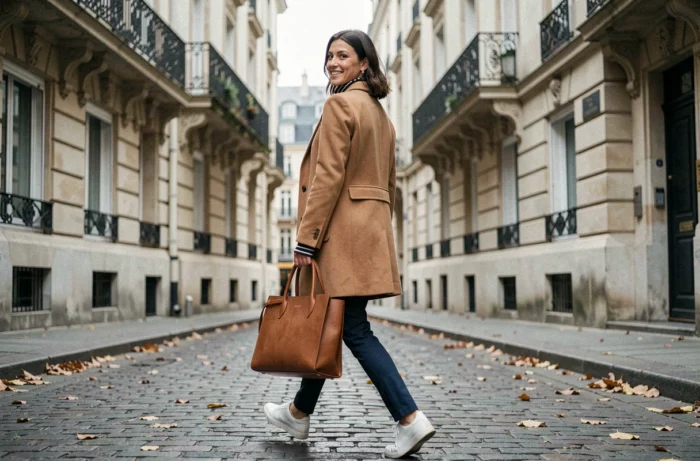 Femme élégante en manteau camel marchant dans une rue pavée européenne dans un style éditorial mode lifestyle