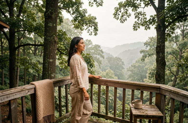 Femme sur la terrasse en bois d'une cabane dans les arbres entourée de forêt, hébergement insolite Hôte Antic Travel