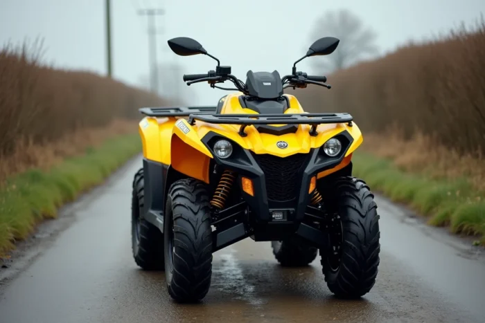 Can-Am Outlander 450 jaune vif à un carrefour de route rurale avec haies en arrière-plan