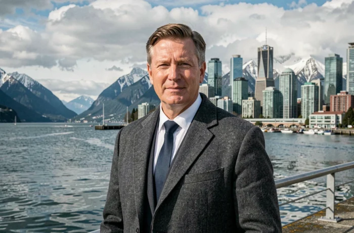 Un cadre canadien sur le front de mer de Vancouver avec la skyline et les montagnes Rocheuses en arrière-plan