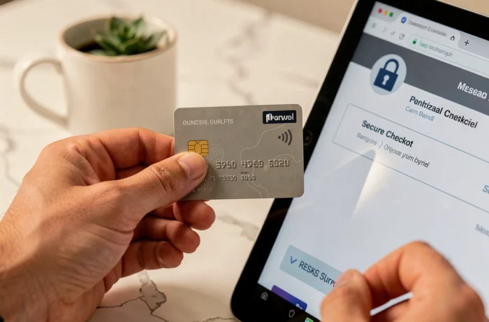 Gros plan sur une main tenant une carte bancaire devant une tablette affichant une page de paiement sécurisée