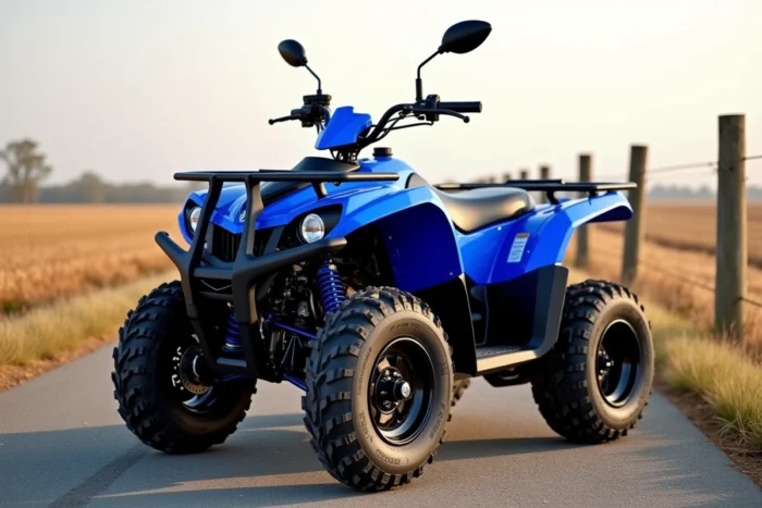 CF Moto CForce 520S EPS bleu électrique sur une route rurale avec des champs agricoles en arrière-plan