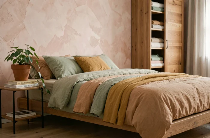 Chambre principale apaisante avec literie en coton bio, mur à la chaux et décoration naturelle en tons sauge et sable