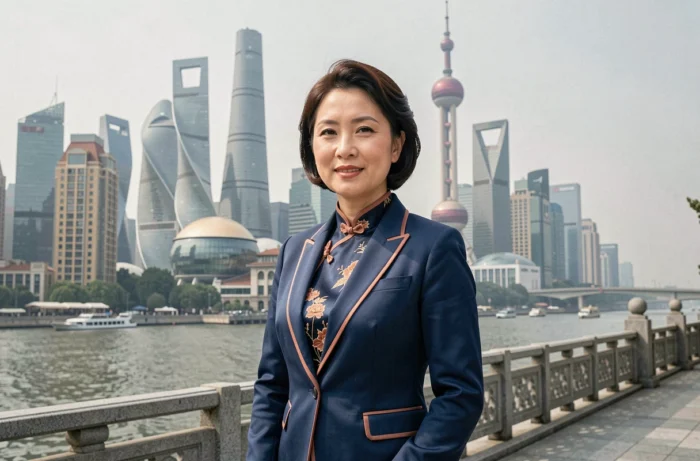 Une femme d'affaires chinoise devant le panorama financier de Shanghai, reflet de la croissance économique de la Chine