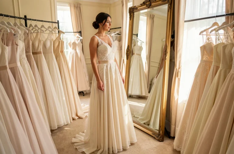Femme essayant une robe de mariée en dentelle ivoire dans une boutique de mariage élégante, se regardant dans un miroir orné