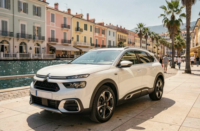 Nouvelle Citroën C5 X garée sur la promenade de la Côte d'Azur avec la mer Méditerranée en arrière-plan