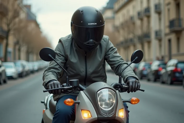 Jeune homme sur un scooter 50cc avec clignotants orange visibles en milieu urbain