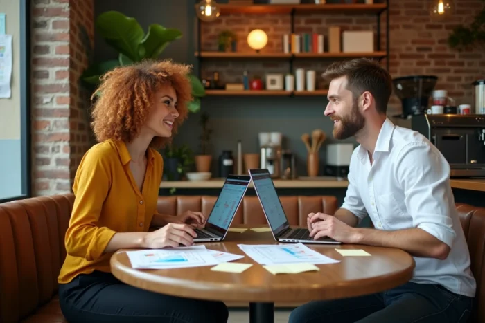 Deux collègues discutant des alternatives à Dubraz autour de documents imprimés et d'ordinateurs portables dans un café urbain