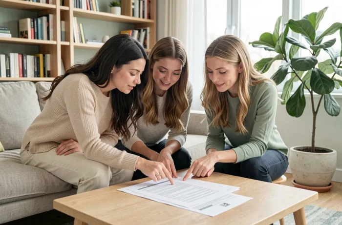 Trois femmes colocataires examinant un contrat de colocation ensemble dans un salon moderne et lumineux