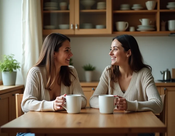 Deux colocataires partageant un café et une conversation conviviale dans une cuisine chaleureuse et décorée avec soin