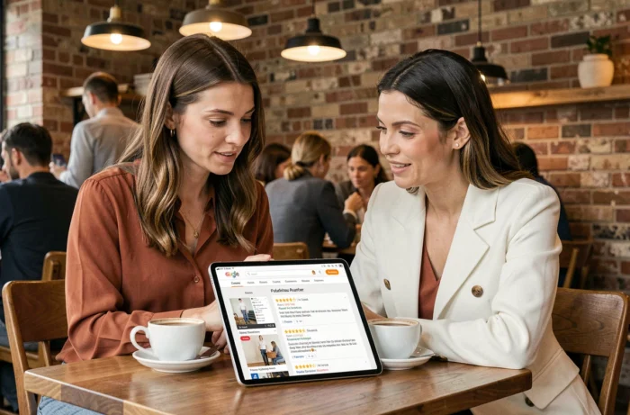 Deux femmes comparant ensemble les avis clients Reserved sur une tablette dans un café avant de faire leurs achats en ligne