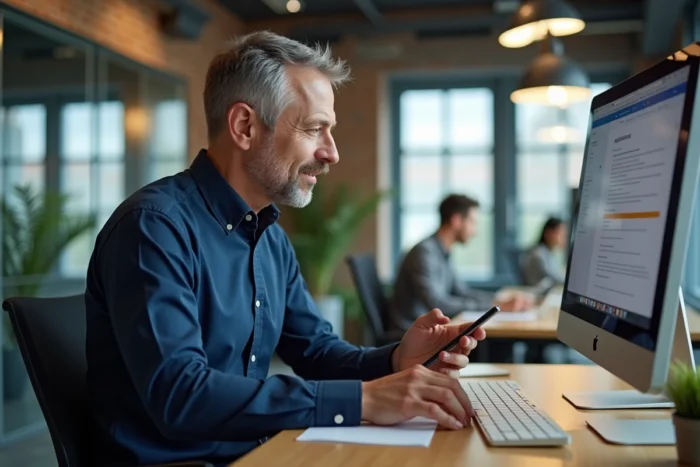 Homme d'affaires comparant des offres de crédit en ligne sur un ordinateur de bureau au bureau