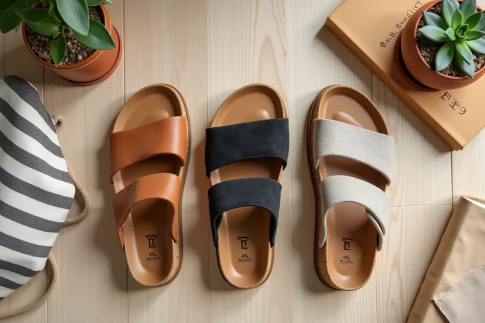 Flat lay comparatif de trois paires de sandales confort alternatives Birkenstock sur parquet chêne clair, matières liège nubuck et tissu tressé