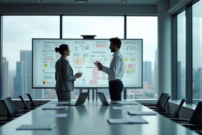 Deux consultants en cybersécurité discutant d'un audit de sécurité réseau devant un tableau blanc en salle de réunion