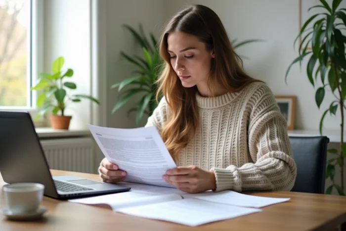 Femme consultant des documents officiels et le cadastre en ligne pour préparer la division d'un terrain en indivision