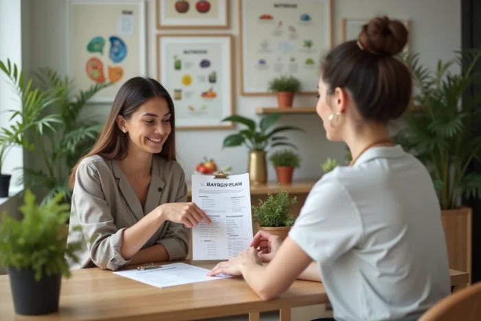 Consultation nutritionniste avec une cliente pour discuter d'alternatives saines aux pilules minceur
