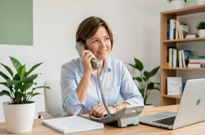 Une conseillère de l'équipe Sagrinature répond aux questions des clients par téléphone depuis un bureau moderne et organisé