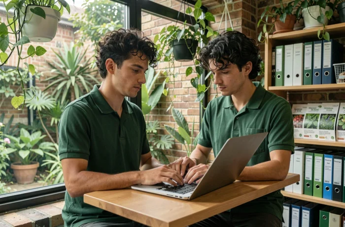 Un membre de l'équipe Sagrinature traite les demandes d'informations par email depuis un espace de travail entouré de végétation