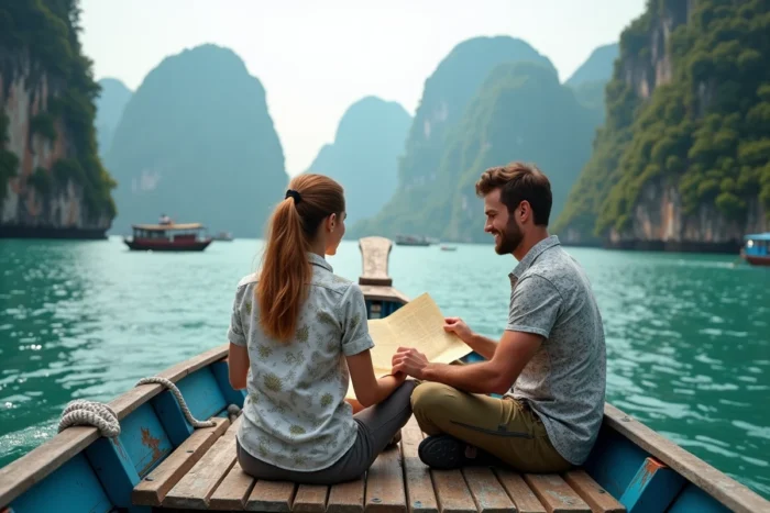 Couple de voyageurs sur un bateau traditionnel contemplant les formations karstiques d'une baie emblématique en Asie