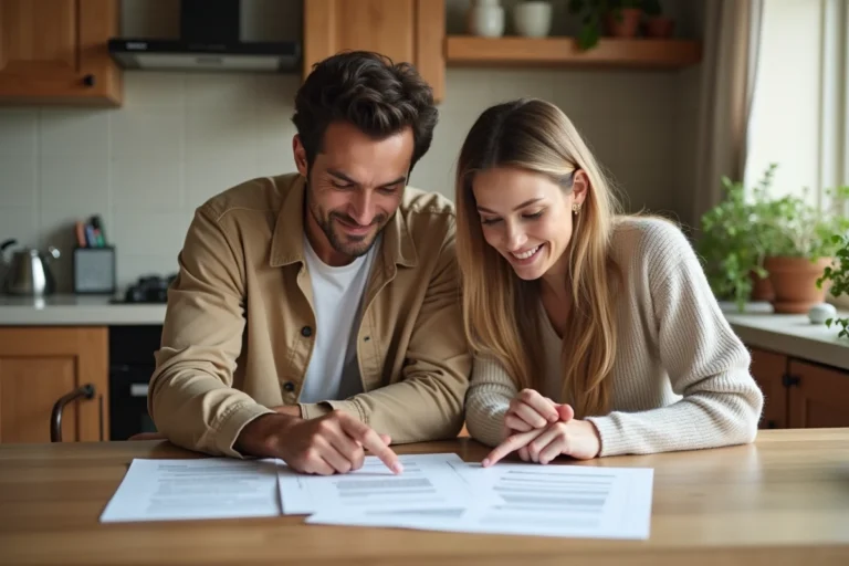 Couple examinant un contrat de location-vente immobilière à la table de cuisine de leur futur logement