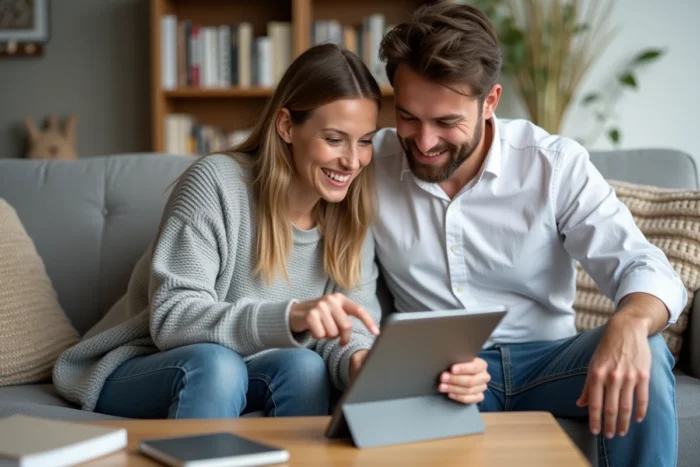 Couple consultant une offre de crédit approuvée en ligne sur une tablette dans leur salon