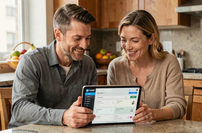 Couple de propriétaires consultant leur tableau de bord de gestion locative sur tablette avec 123loger