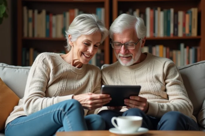 Couple de seniors consultant leur mutuelle santé sur une tablette dans un salon confortable