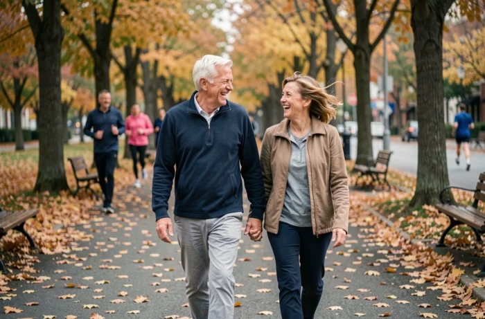 Couple de seniors actifs marchant et conversant dans un parc en automne, symbolisant la qualité de vie et l'autonomie sociale après 60 ans