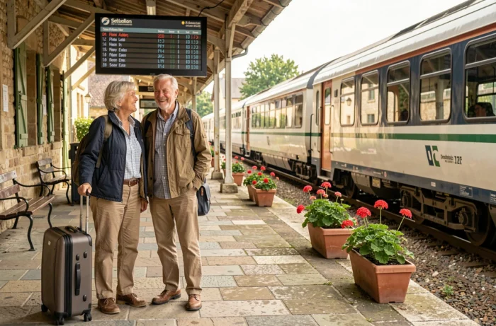 Couple de seniors avec valises sur un quai de gare de province, profitant des réductions de la carte senior SNCF