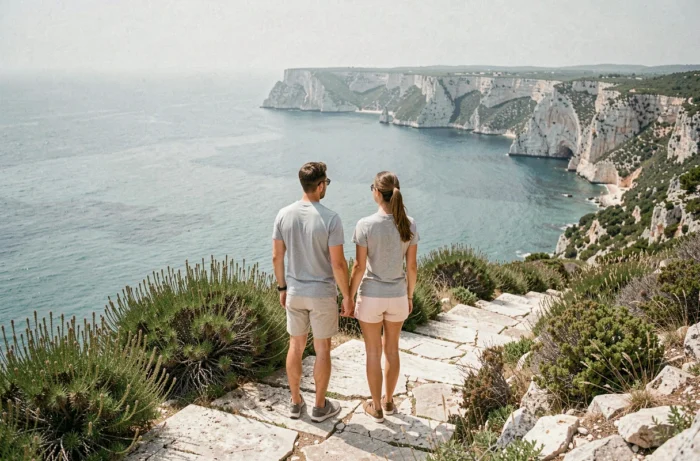 Couple de voyageurs sur un sentier côtier rocheux avec vue panoramique sur une crique méditerranéenne et falaises calcaires