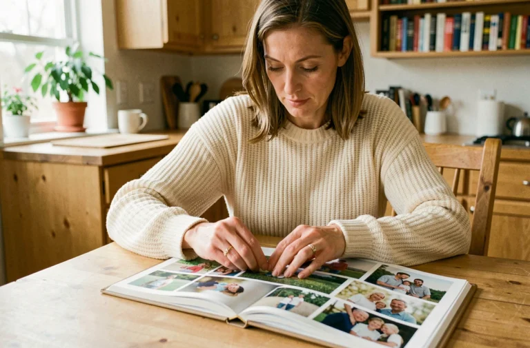 Femme créant un livre photo personnalisé avec des photos de famille étalées sur une table en bois