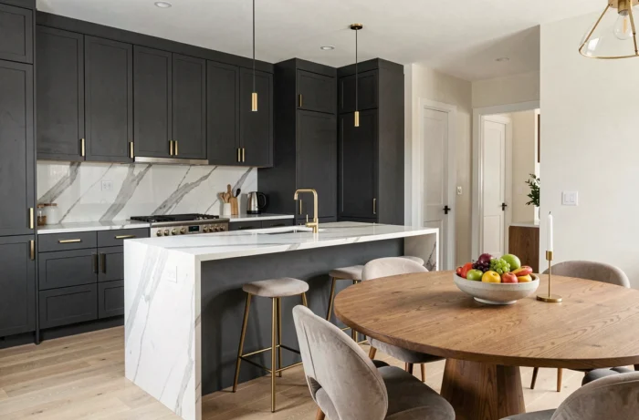 Cuisine ouverte élégante avec îlot en marbre, armoires anthracite et table en chêne dans un intérieur contemporain