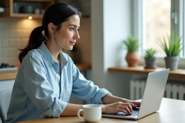 Femme utilisant un ordinateur portable pour faire une demande de crédit en ligne depuis son appartement