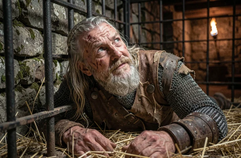 Viking vieillissant allongé dans un cachot en pierre, les yeux mi-clos, portant une armure en cuir usée, évoquant les derniers instants d'un guerrier légendaire