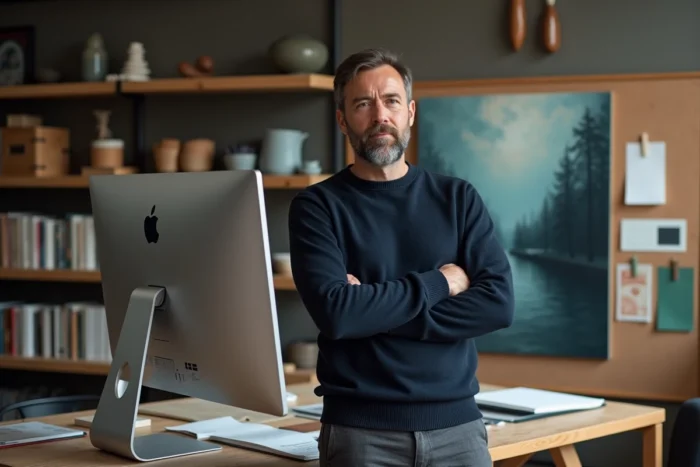 Designer masculin analysant une œuvre d'art contemporaine sur un grand écran dans un studio créatif professionnel